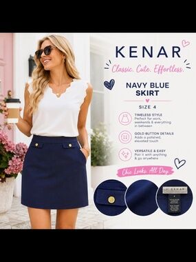 Kenar Navy Blue Pencil Skirt Size 4 Gold Button Accent Career Classic
